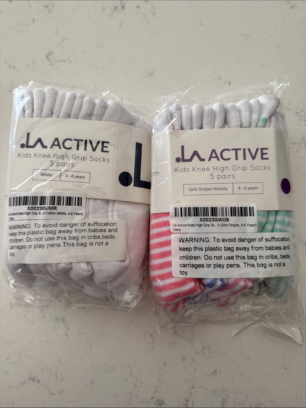 Active USA Kids Knee High Grip Socks - White, Pink & Green Stripes (10 pairs)